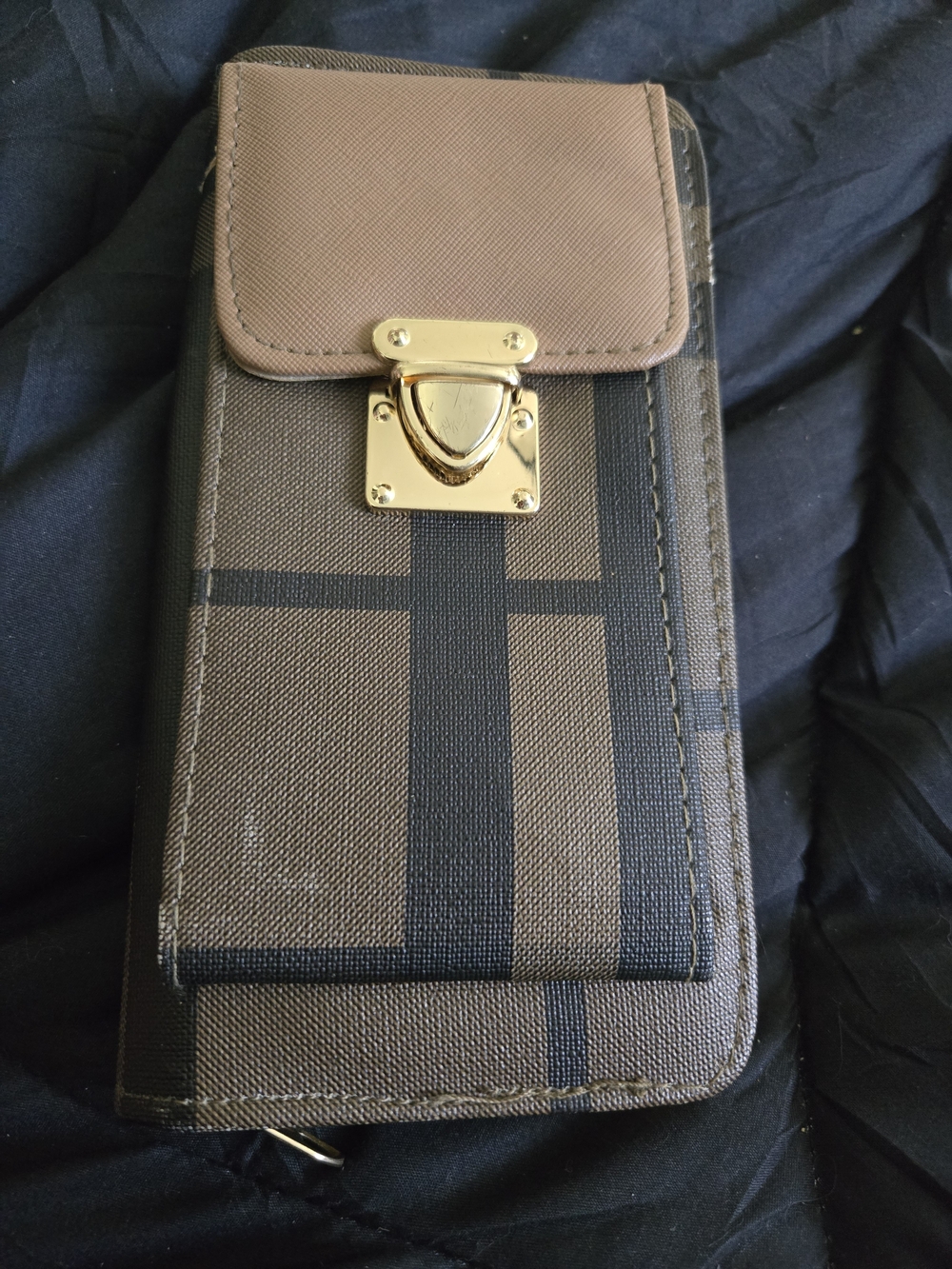 Men's Brown Plaid Crossbody Wallet with Gold Hardware